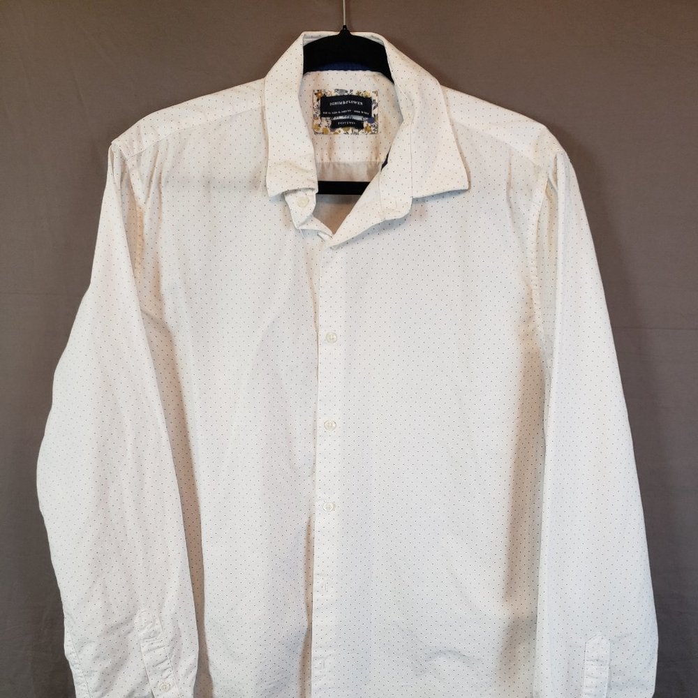 Denim and Flower Ricky Singh White w Blue Dots Long Sleeve Button Up Men XL Slim